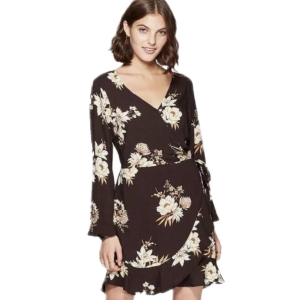 Xhilaration Faux Wrap Floral Ruffle V Neck Long Sleeve Mini Dress Sz JXL NWT